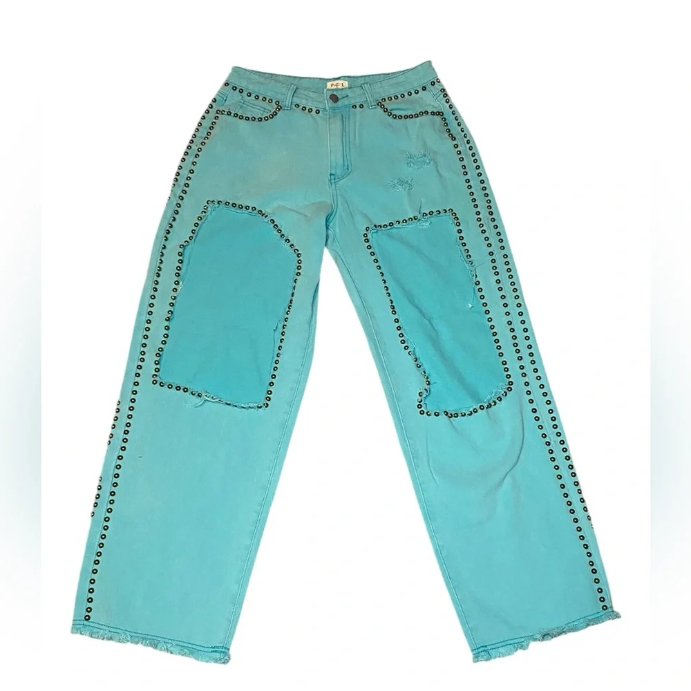 POL Turquoise Studded Cutout Jeans Medium Boho Festival Western Statement